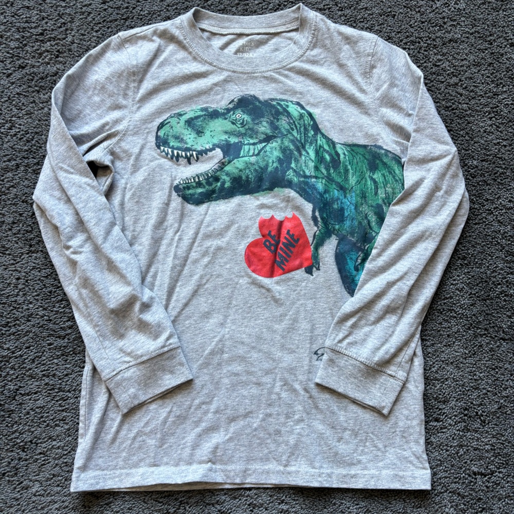 🦖Carter's (12) Light Gray Long Sleeve Tee with Green T-Rex and Red Heart🦖
